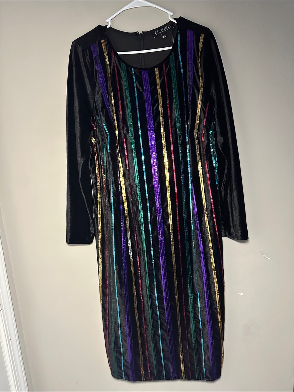 Eloquii Black Multicolor Sequins Stripe Long Sleeve Dress